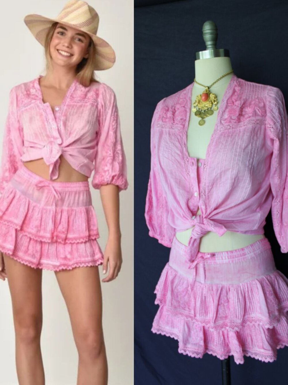 Muche & Muchette Coquette Skort skirt & top dress set blouse Pink embroidered